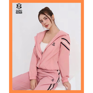 Bộ quần áo gió giãn dày NỮ NAM GUNO MŨ phối sọc tay ngang