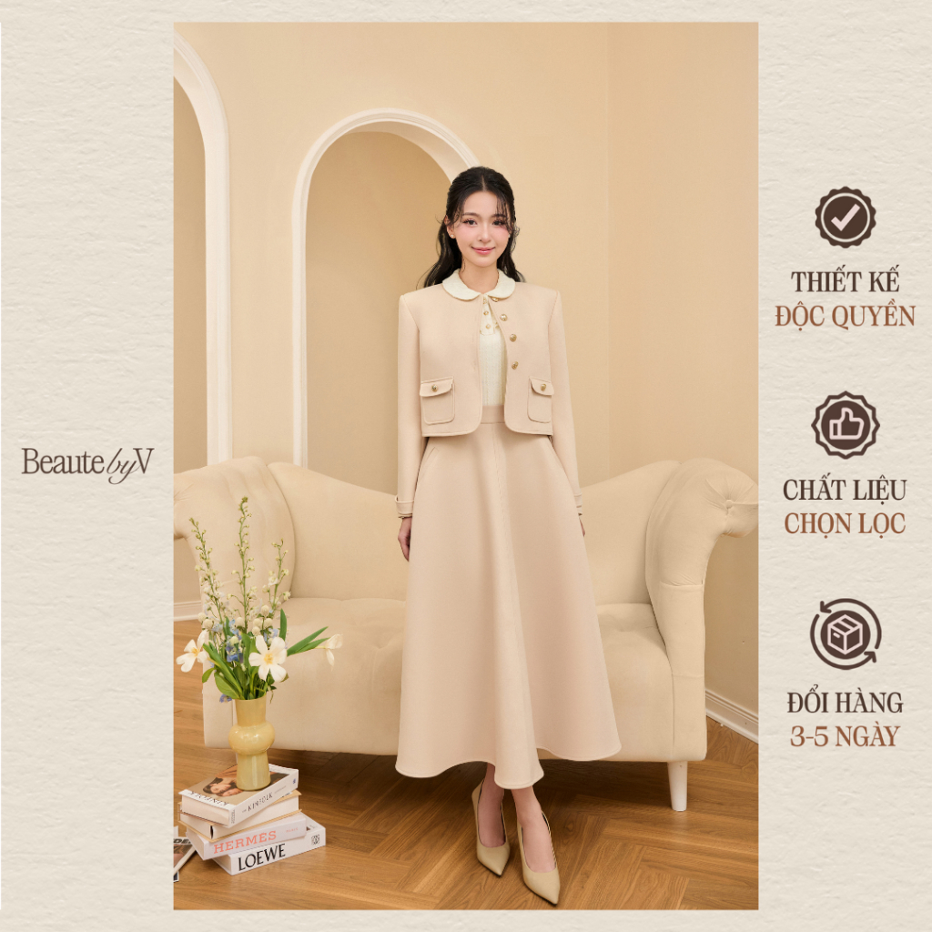 BEAUTEBYV - Set áo khoác dáng lửng cơi túi hai bên, chân váy dáng dài Aime chất kaki mềm