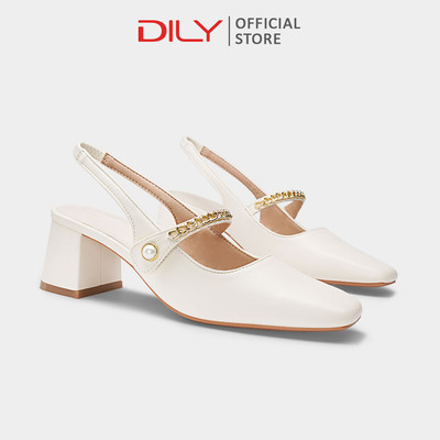 Giày cao gót bít mũi nữ DILY mũi vuông công sở, giày slingback nữ tiện lợi quai phối xích cao 5cm DL0554