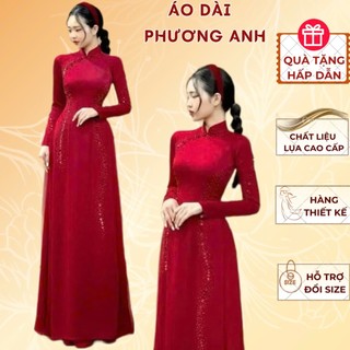 E207 - Áo dài truyền thống 2 màu đỏ đô và trắng đính kết siêu xinh  - Áo Dài Phương Anh