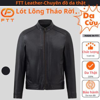 Áo da nam lót lông cao cấp cừu Racer trơn phối gân dọc khoá lót lông tháo rời FTT Leather AD215C40