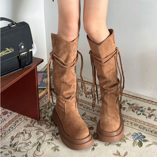  Giày Boot Nữ da nhung Maillard cổ cao mũi vuông Bốt Martin tôn dáng có khóa kéo phong cách cổ điển BNTQ6 ElingStudio 