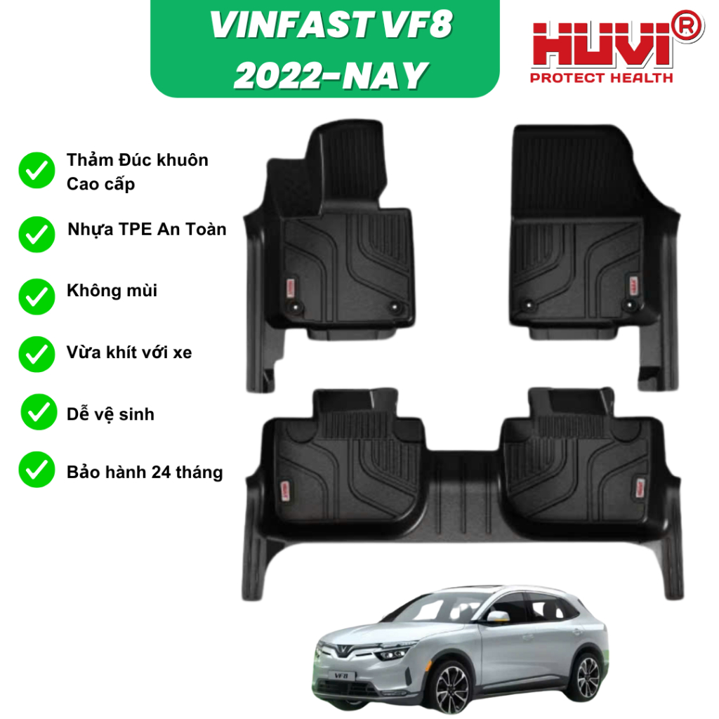 Thảm lót sàn HUVI cho xe Vinfast VF8 phiên bản 3D tràn viền -Thảm đúc HUVI CAO CẤP KHÔNG MÙI - KHÔNG