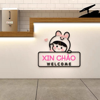 Tranh dán tường mica dán nổi cô gái xin chào trang trí cửa ra vào quán cafe, trà sữa, cửa phòng, lớp học