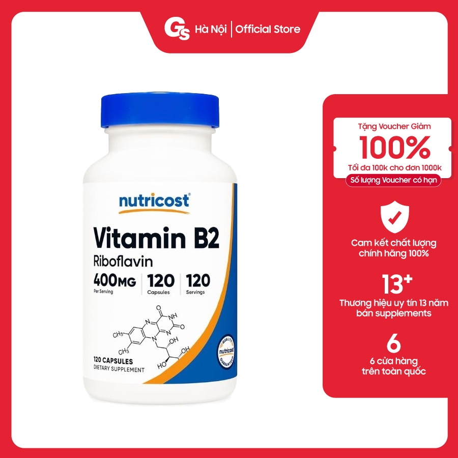 Viên uống Nutricost Vitamin B2 (Riboflavin) 400mg - Hỗ trợ sức khỏe toàn diện nhập Mỹ - Gymstore