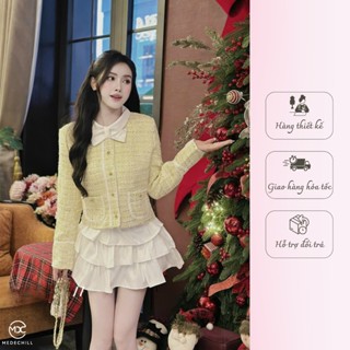 Set Váy Tiểu Thư Áo Dạ Kim Tuyến Cổ Tròn Phối Nơ Dáng Croptop Kèm Chân Váy 3 Tầng Chất Chéo Hàn T01 Medechill