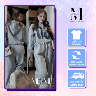 Set đồ nữ thu đông áo hoodie in hình phối quần dài ống rộng màu xám phong cách năng động Meistore ST16661
