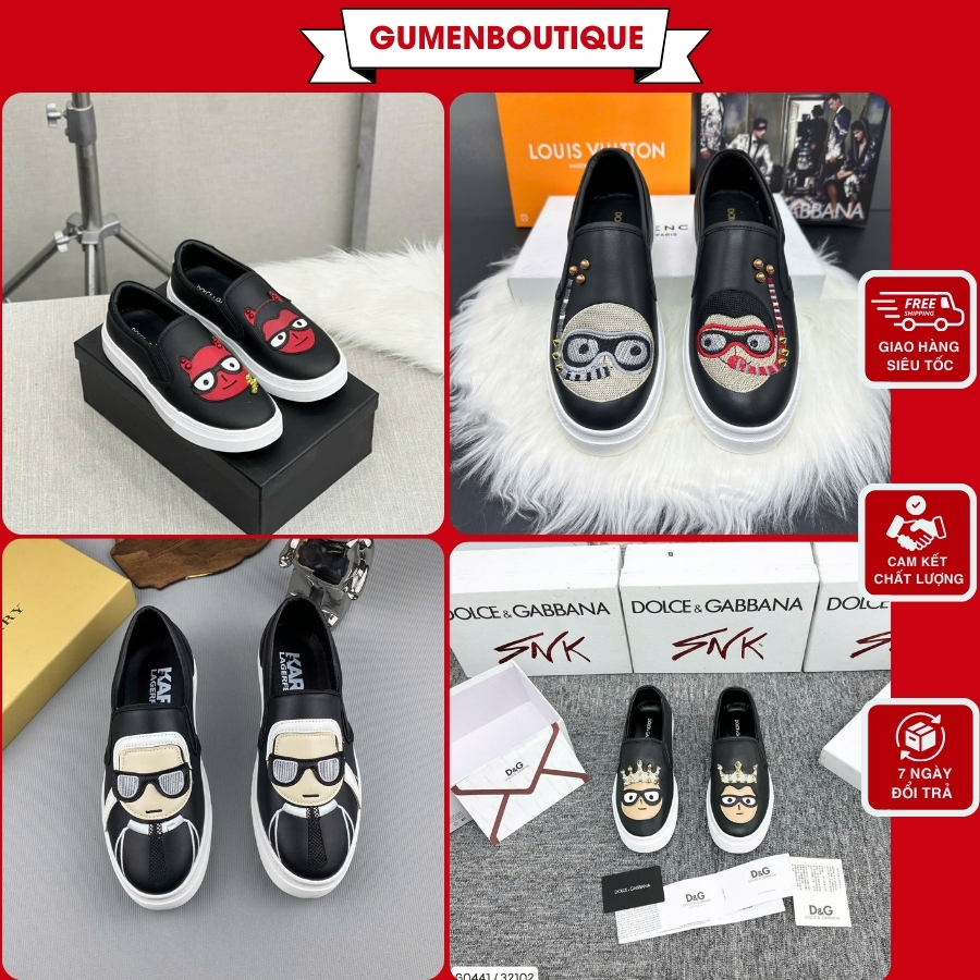 Giày Lười Nam Thêu Hình Mặt Hoạt Hình Màu Đỏ, Giày Slipton Nam Mặt Quỷ Đỏ Chất Da Cao Cấp