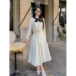  Set Dạ Tiểu Thư Basic MEDECHILL Áo Cổ Nơ Dài Tay Mix Chân Váy Xếp Ly Xoè Dài Tôn Dáng Mặc Công Sở Dự Tiệc T19 