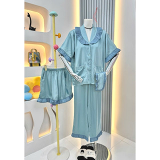  HL46 - 4size  40-95kg  COMBO PIJAMA TN CỔ BẺ QUẦN DÀI KÈM QUẦN ĐÙI VÀ BỊT MẮT - Form rộng-  Nữ 