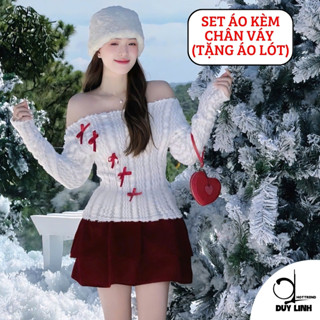 Set áo len tay dài trễ vai kèm chân váy nhung đỏ có quần bảo hộ DUYLINH thiết kế đính nơ DL-TD21