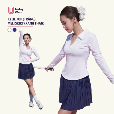 Set bộ đồ pickleball áo Kylie Top trắng mix chân váy Meli Skirt xanh navy Today U Wear có lót không lộ