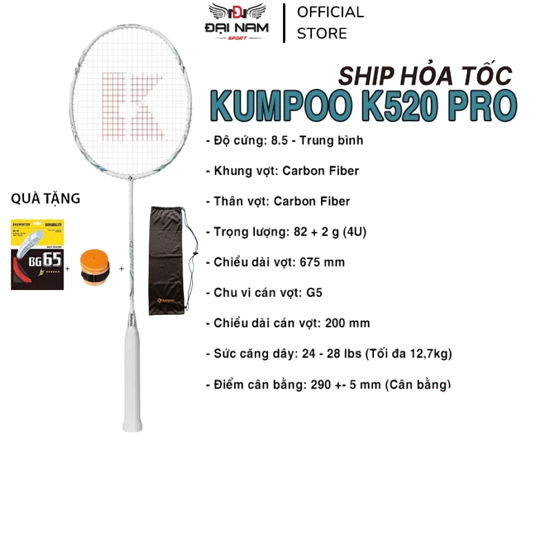 Vợt Cầu Lông Kumpoo K520 Pro Chính Hãng Full Carbon 4U G5 Căng Sẵn + Tặng Kèm Cuốn Cán Và Túi Vải