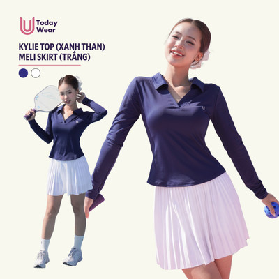 Set bộ đồ chơi tennis pickleball áo Kylie Top xanh navy mix chân váy Meli Skirt trắng Today U Wear