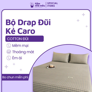 Ga Trải Giường Drap Bọc Nệm Vỏ Gối Nằm Vải Cotton Đũi Màu Pastel Vintage Hoạ Tiết Caro Tiệm Nhà Mêu