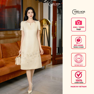 Đầm trung niên thiết kế lịch sự chất liệu Vải dệt gân trúc cao cấp thương hiệu Thiều Hoa DD4L0946