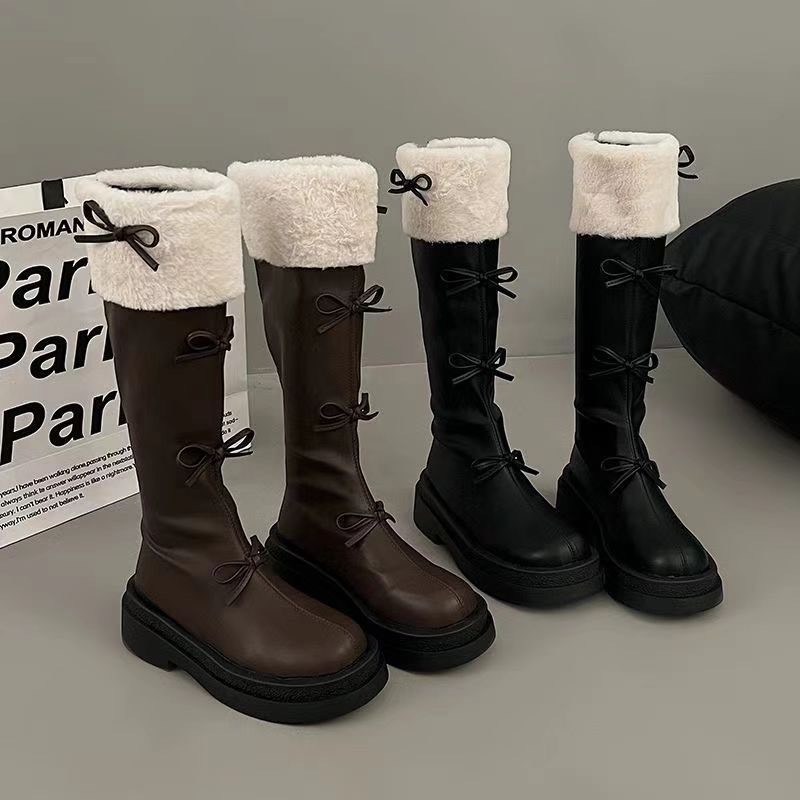(Sẵn nâu 38) Giày Boots Cao Nơ Đến Đầu Gối Phối Bông Thời Trang Ulzzang