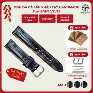 Dây đồng hồ da cá sấu handmade vân đốt tre khâu tay thủ công cao cấp màu đen, khâu chỉ nhiều màu size 18/19/20/21/22