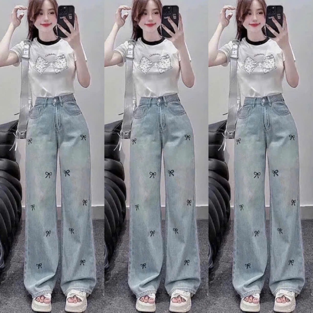 Quần bò ống rộng nữ cạp cao quần jeans ống rộng lưng cao, vải bò 2024