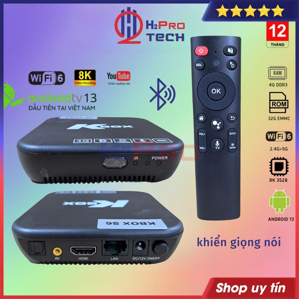 Tivi Box KBOX S6 4GB+32GB – Android TV 13, Wifi 6, Bluetooth, Hỗ Trợ 8K, Remote Giọng Nói - H2pro