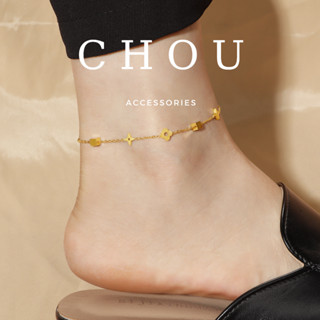 Lắc Chân Titan Không Đen Gỉ Cỏ 4 Lá Charm Vuông | CHOU ACCESSORIES |