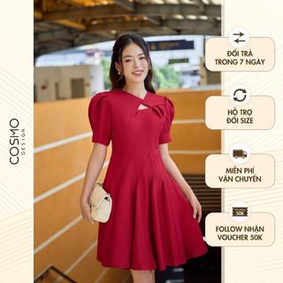 Váy đầm nữ thiết dáng xoè tweet đỏ khoét hở cổ may ly chéo eo trẻ trung sang trọng Red Rose Dress 11308
