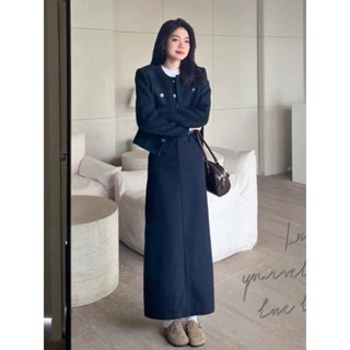 Sẵn Set Đồ Váy Nữ Kiểu Đồ Công Sở Áo Khoác Dạ Dáng Ngắn Tweed Chân Váy Chữ A Dài Tiểu Thư Mùa Đông Bigsize Chali SD706