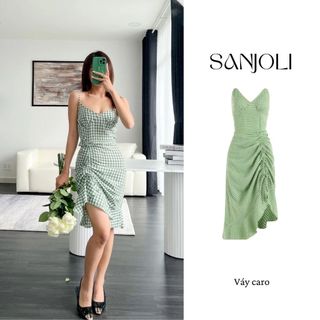 Váy body 2 dây nữ SANJOLI váy dự tiệc caro đuôi cá nhún ôm eo rút dây bên hông VD028