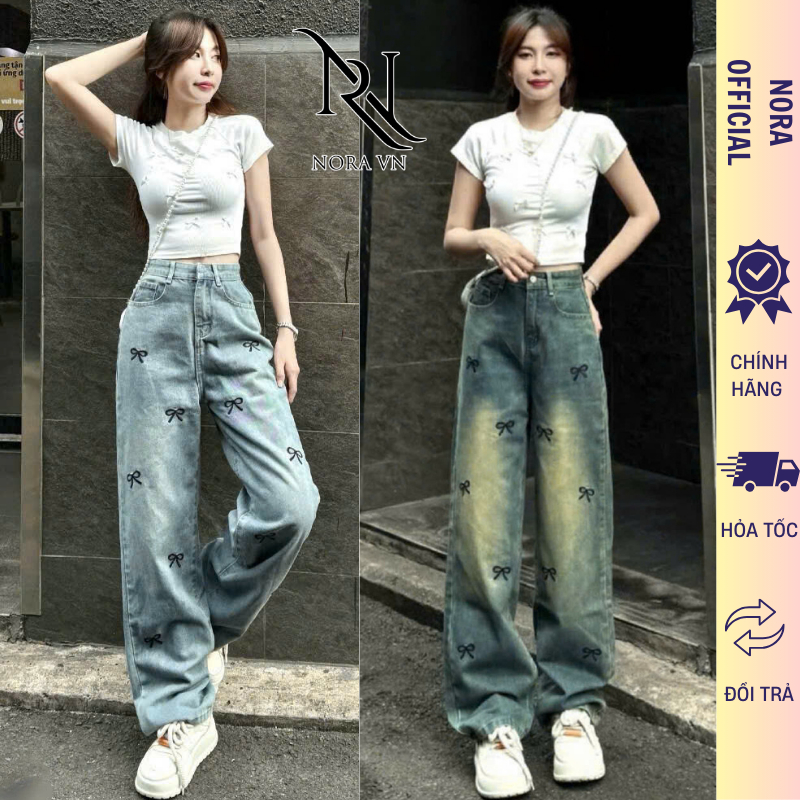 Quần jean ống suông rộng nữ Avocado, Quần bò ống rộng lưng cao nữ màu Retro