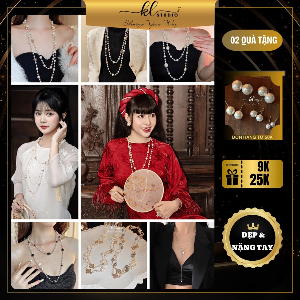 Vòng cổ dài Hàn Quốc đính đá, hoa và ngọc trai, Dây chuyền ngọc trai cao cấp kèm charm thời thượng sang trọng