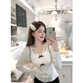 Áo Thun Len Dài Tay Kiểu Tiểu Thư Viền Bèo Cổ U Phối Ren Đính Nơ thời trang nữ Top QC