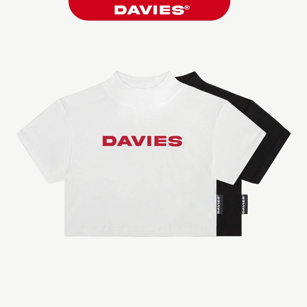 Áo croptop cổ cao tay ngắn in chữ DAVIES trước ngực màu đen, trắng thun cotton ôm sát nữ High Neck O