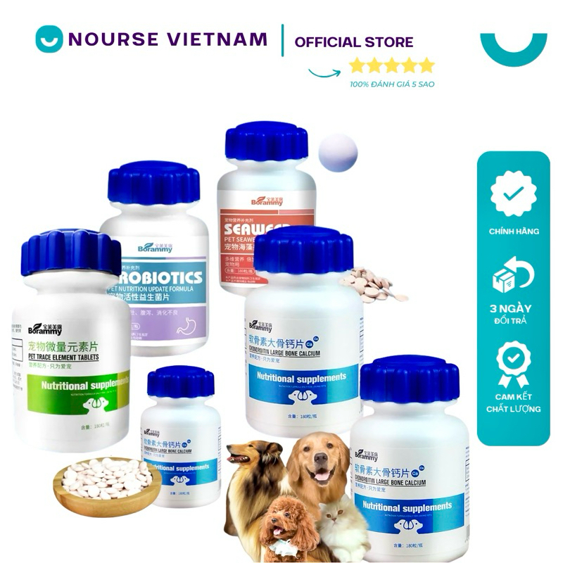 Vitamin cho mèo chó Borammy cung cấp Canxi Men tiêu hoá Nguyên tố vi lượng Thải độc (180v)
