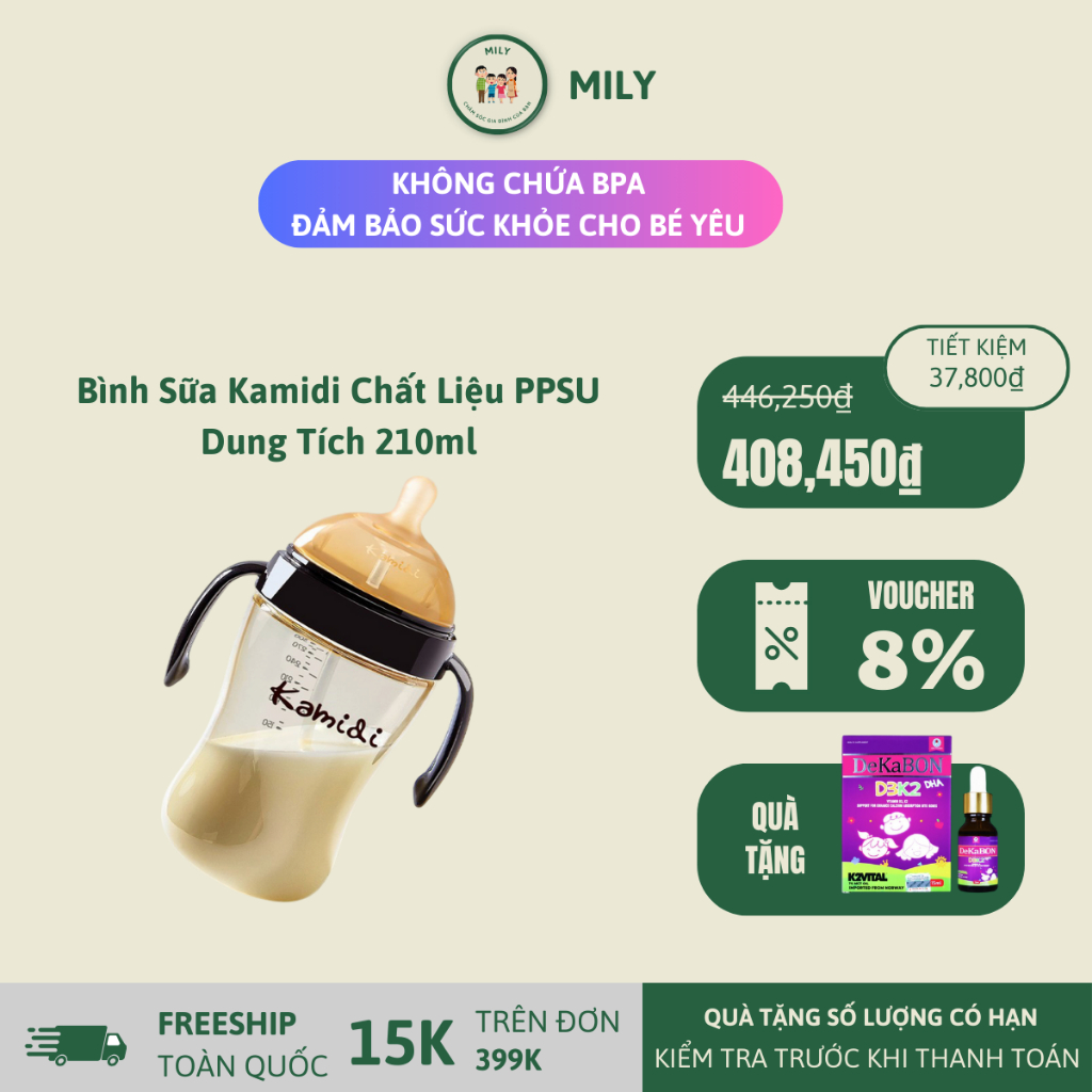 Bình Sữa Kamidi Chất Liệu PPSU Dung Tích 210ml, Hàng Chính Hãng