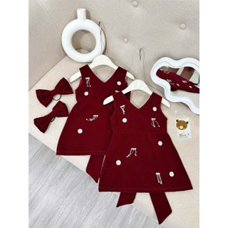 Váy nhung đỏ cổ tim nơ lưng bản to bé gái xk