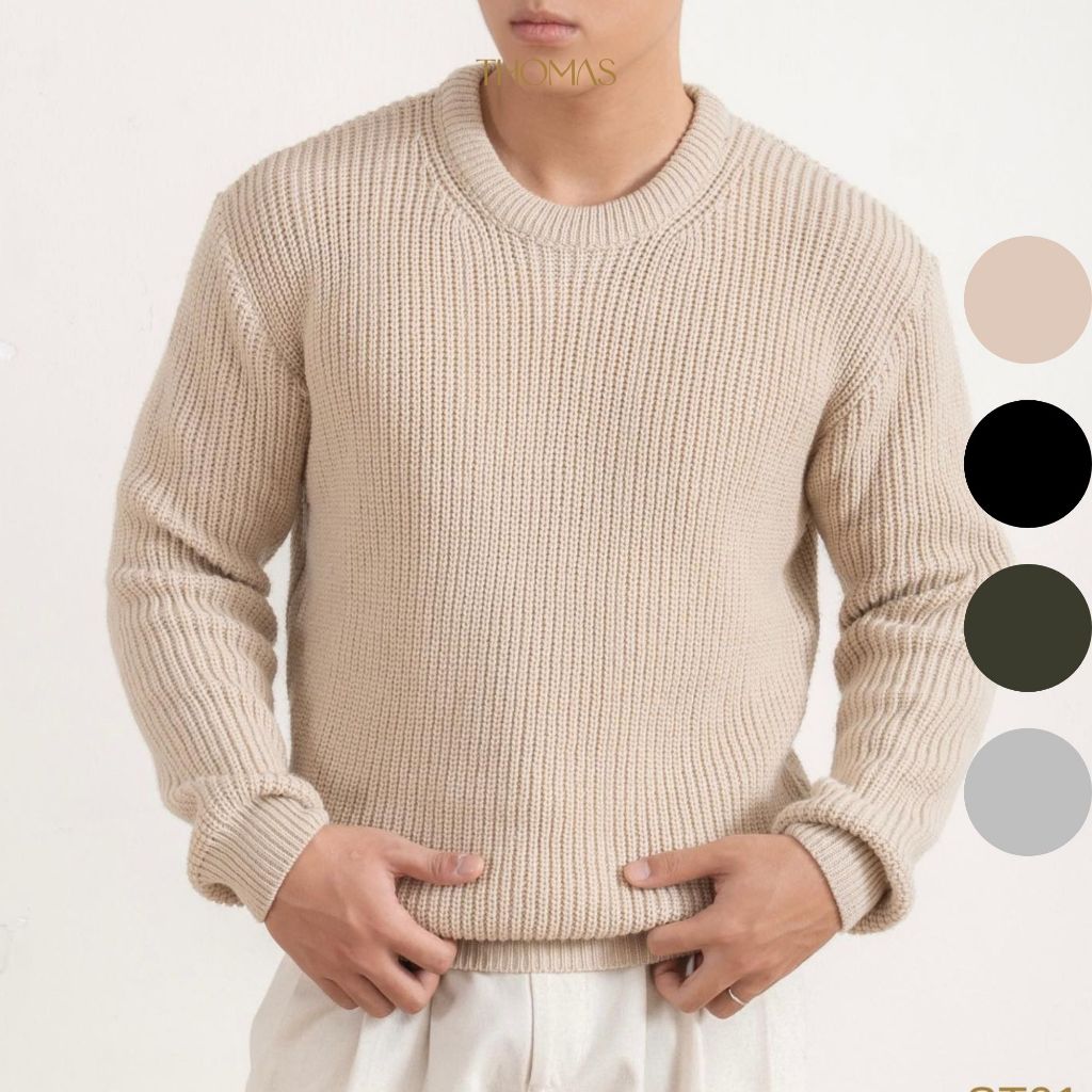 (SALE 50%) Áo Len Nam Cổ Tròn Dài Tay THOMAS Màu Trơn Classy Sweater Cream Len Lông Cừu Cao Cấp Thom