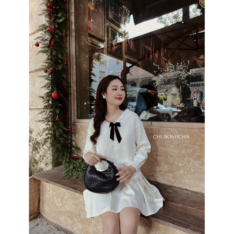 CHUBOMICHA STORE - Áo len cổ ren nơ đen tiểu thử Lisa Sweater