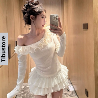 Set Áo Trễ Vai Viền Bèo Tay Dài Phối Chân Váy Xoè Tầng TIBU Set Đồ Nữ Tiểu Thư Sang Chảnh Đi Chơi Tết Noel B256