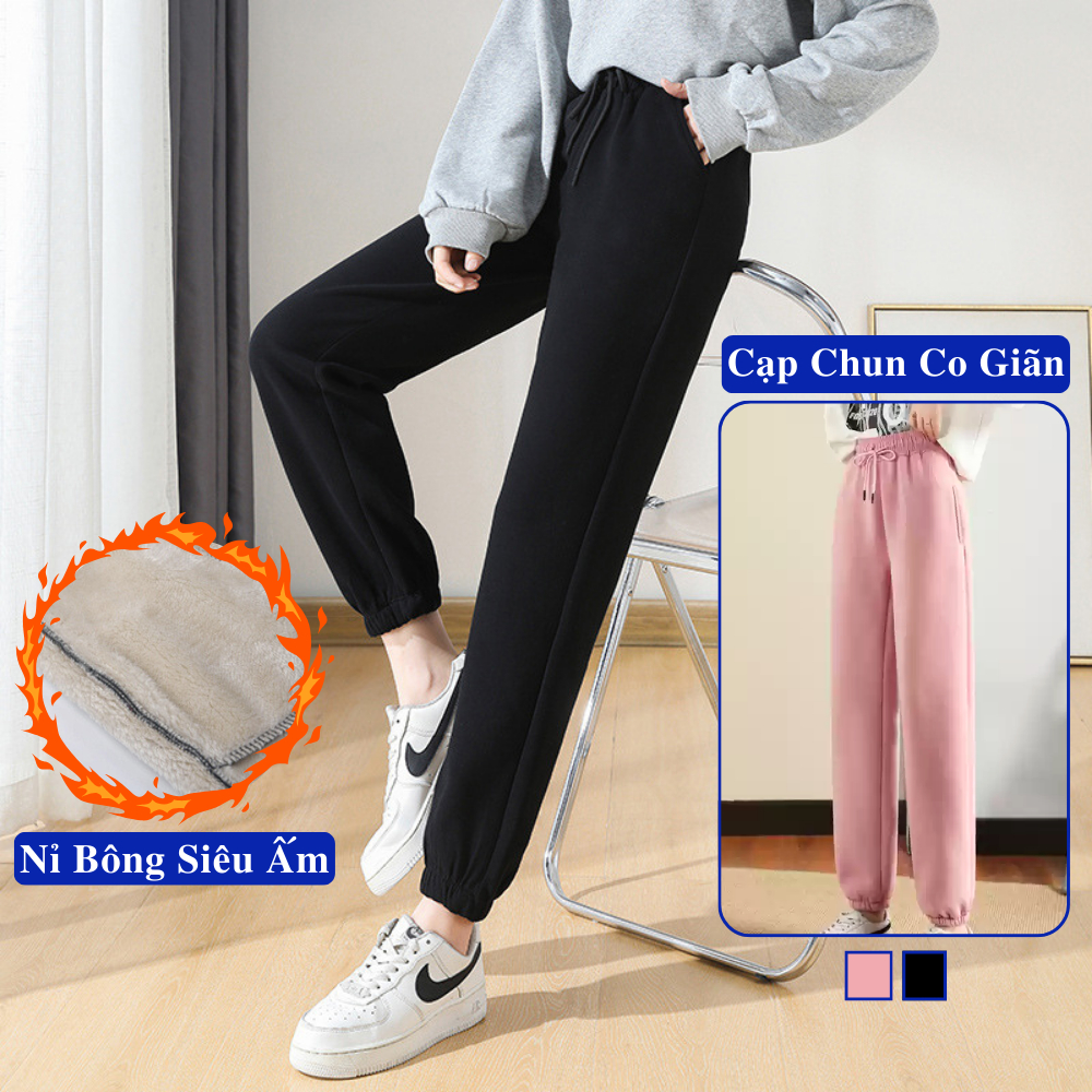 Quần Dài Nỉ Lót Bông Nữ Mùa Đông MADELA Cạp Chun Bo Gấu, Quần Nỉ Jogger Nữ Lót Bông Mặc Ấm Mùa Đông.