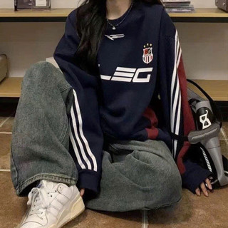 Áo sweater Tay Dài Kẻ Sọc Xanh Trắng 
 phối Đỏ Đường Phố Mỹ Cho Nam Nữ By F-NEMO