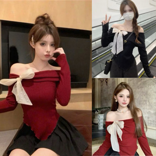  Áo kiểu bẹt vai tay dài phối nơ đính đá đỏ đen tết noel chất thun gân xinh VANISA CT112 