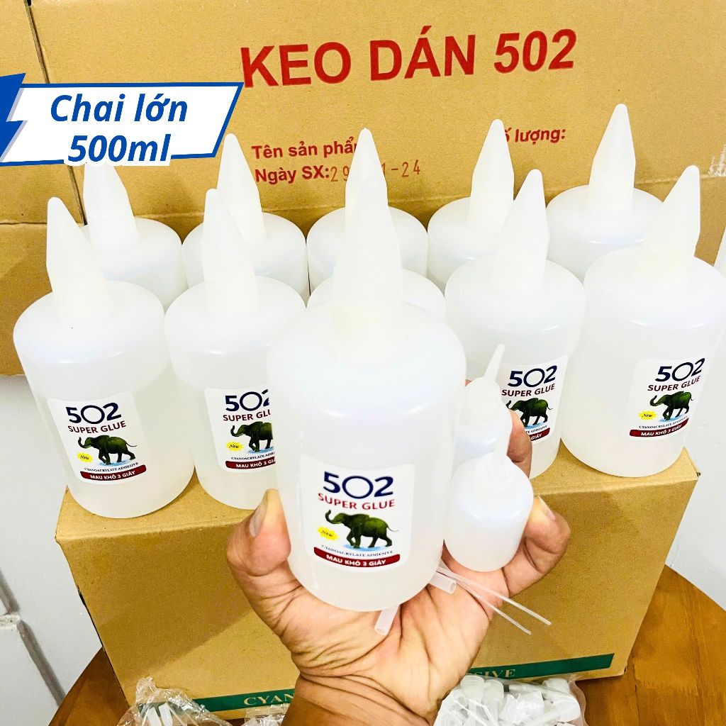 Keo 502 loại chai 500ml con voi loại tốt keo dán sắt dính chắc tặng 3 vỏ không 30ml chiết keo
