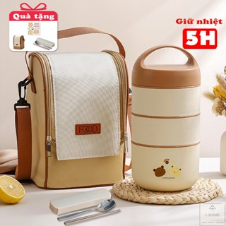 Hộp đựng cơm giữ nhiệt nhiều tầng Inox 304 cao cấp kèm túi giữ nhiệt và bộ thìa đũa