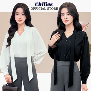 Áo Sơ Mi Nữ Lụa Mềm Trắng , Đen Vạt Chéo Tay Bồng Mặc Được 4 Kiểu Thanh Lịch Chilies Store