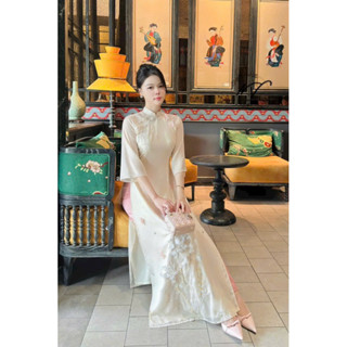 Áo dài cách tân Nhã Uyên kem nhẹ nhàng diện Tết 2025 xinh vải tơ mềm mát đẹp ảnh thật shop lên mẫu và thiết kế đủ sz