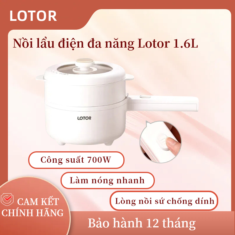 Nồi điện đa năng LOTOR nồi lẩu điện 1.6L phủ gốm chống dính công suất 700W kèm xửng hấp bảo hành 12T