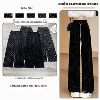Quần Nhung Ống Rộng Phối Họa Tiết  Bigsize Cạp Chun Phối Dây, Quần Suông Ống Rộng Lưng Cao Chất Liệu Nhung Cao Cấp 125