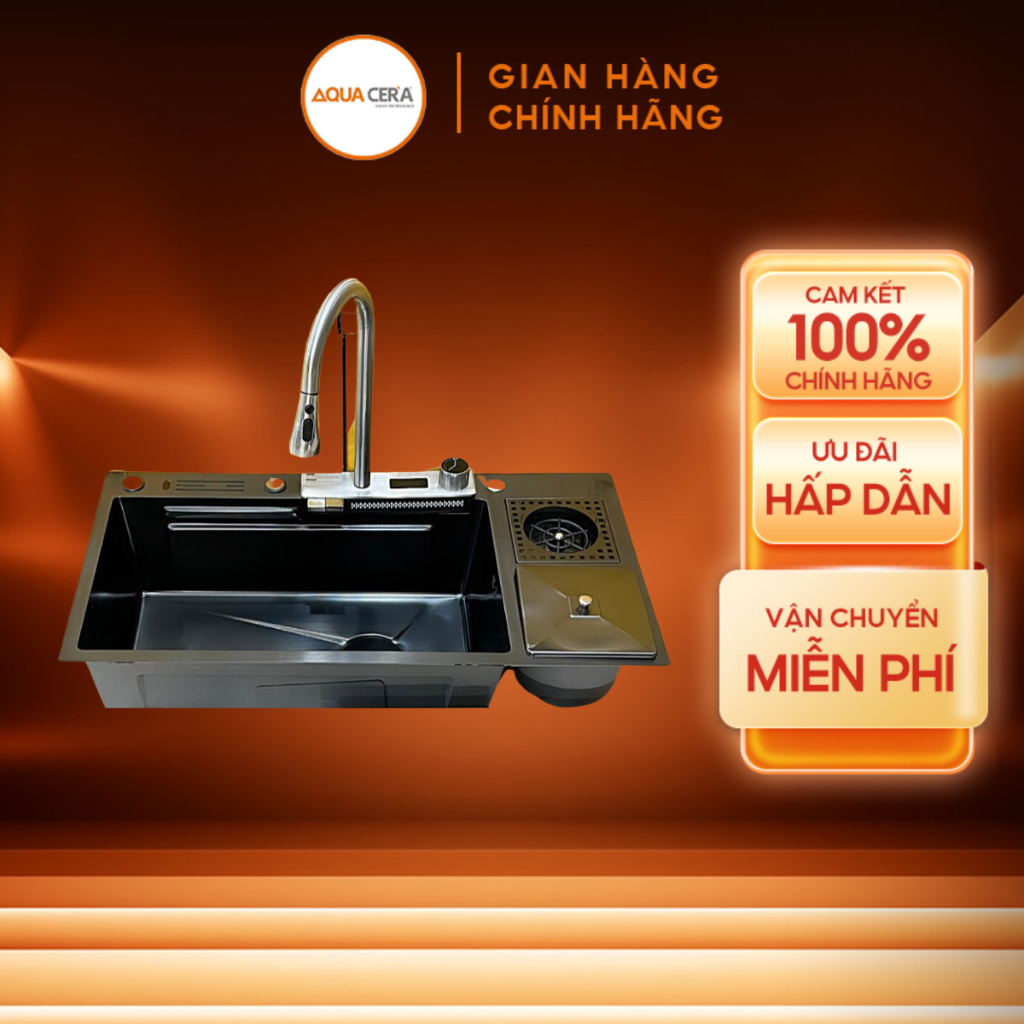 Chậu rửa chén Aqua Cera 3 chức năng - vòi rút nóng lạnh hiển thị nhiệt độ 88x46 AWFT