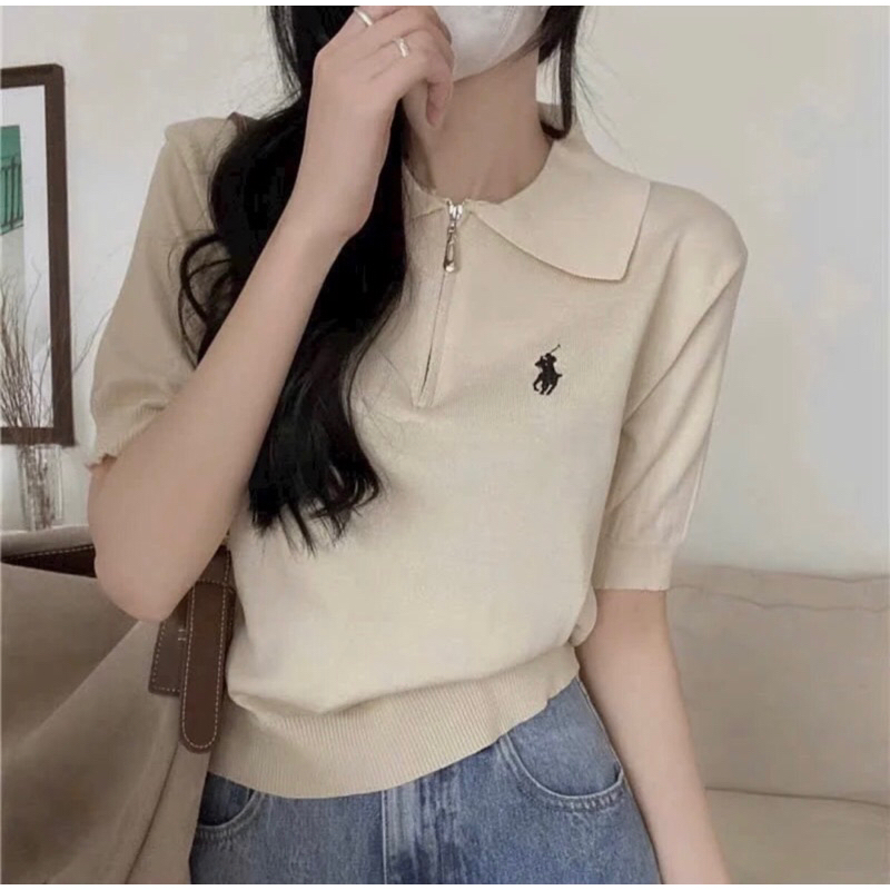 Áo len polo KHOÁ KÉO thêu ngựa chất len mịn mềm.