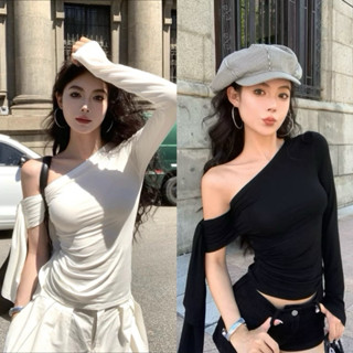 (Có size S-XL) ÁO LỆCH VAI ĐÍNH DÂY Tay Dài NHÚN SƯỜN - Áo kiểu nữ chiết ly eo có độ rũ kèm tà áo dài làm điểm nhấn